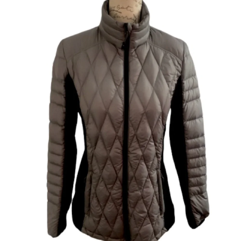 32 Degrees Mixed Media Soft Packable High Neck Down Jacket Coat Gray Black S - Picture 2 of 9
